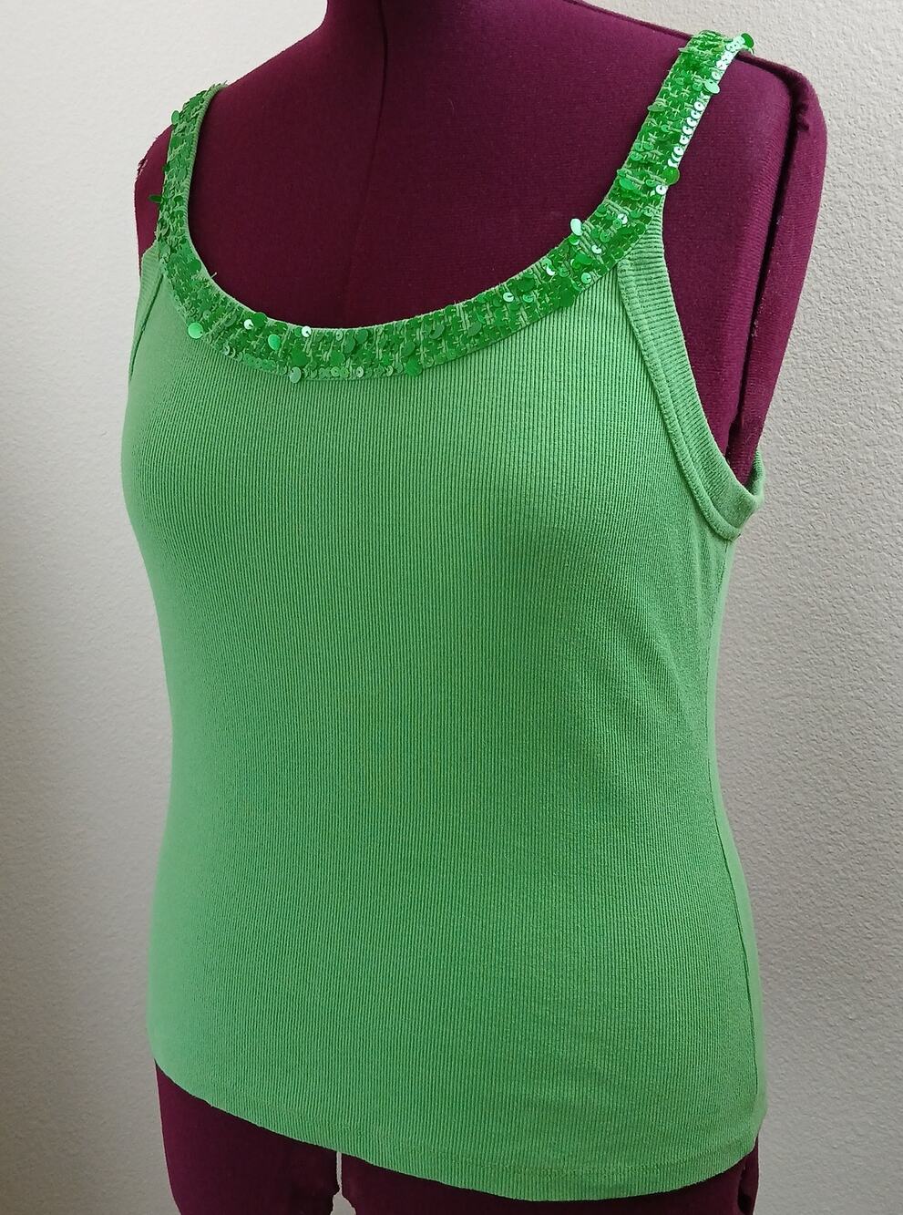 VTG Y2K Green Sequin Strappy Tank Top XL Mirror Image cotton blend layers